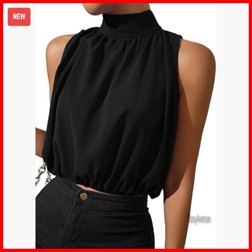 Halter Crop Top Sleeveless High Neck Summer Blouse Polyester Spandex